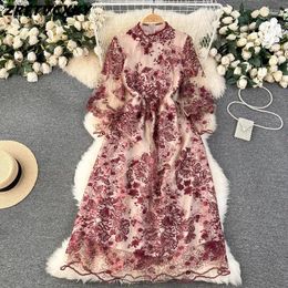 Casual Dresses HIgh Quality Sequin Flower Embroidery Midi Dress Women 2024 Spring Summer Elegant Stand Collar Lantern Sleeve Mesh