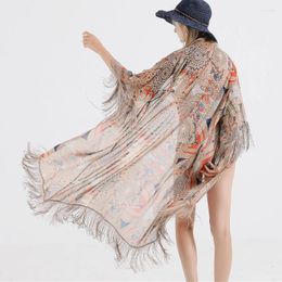 Boho Long Blouse Shirt Chiffon Floral Print Kimono Kaftan Tassel Vestidos Beach Fringe Cover-Ups Robe For Women Tops
