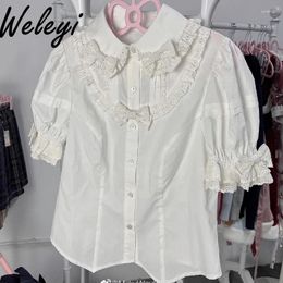 Women's Blouses Original Jirai Kei Lolita Cotton Innerwear Shirt 2024 Summer Sweet Lace Stitching Doll Collar Short Sleeve White Tops Female