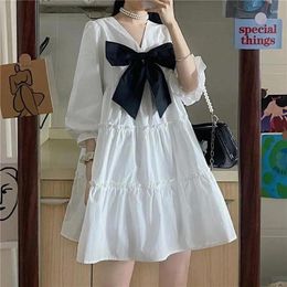 Casual Dresses Vintage Kawaii Bow White Dress Women French Puff Sleeve Mini Summer V Neck Preppy Style A Line Party Vestido 24524