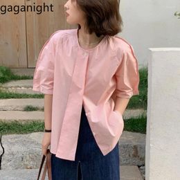 Women's Blouses Gaganight Women Pink O Neck Three Dimensional Lantern Sleeve Shirt 2024 Summer Slim Korean Style Short Sleeved Top