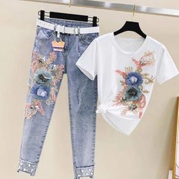 Women's Two Piece Pants One-Piece/Set 2024 Summer Women Denim Beaded Embroidery Short-Sleeved Small Feet Hole Jeans Female Two-Piece Suit