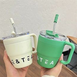 480ml Coffee Cup with Straw Lid Stainless Steel Thermos Mug for Cold Drinks Water Tea Milk Office Outdoor Portable Bottle 240521