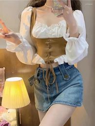 Women's Blouses Lace Up Tight Fitting Corset Square Neck Shirt Korean Fashion Designer Sexy Women Patchwork Bubble Long Sleeved