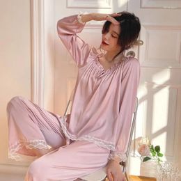 Women's Sleepwear 2PCS Women Pajamas Sets Sexy Lace Turn-Down Collar Pyjamas Sleep Suit Spring Summer Rayon Nightwear Casual Home Wear