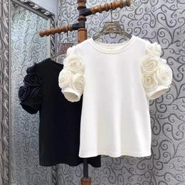 Women's T Shirts Summer 2024 Design 3D Flowers On Sleeve Basic Solid T-shirt Tops For Women Tees O-neck Short Big Size Black White 45902