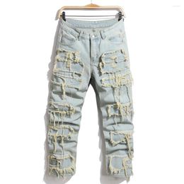 Men's Jeans Men Stylish Ripped Patch Splicing Motorcycle Biker Pants Retro Style Good Quality Male Loose Straight Denim Trousers