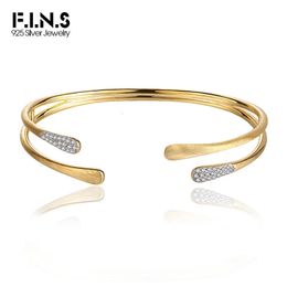 F.I.N.S Luxury Brushed Craft 925 Sterling Silver Gold Bracelet Retro Cubic Zirconia Layered Open Bangle Fashion Fine Jewellery 240521