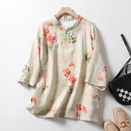 Women's Blouses Limiguyue Floral Print Ramie Summer Blouse Chinese Style Stand Collar Slanted Button Women Shirt Elegant Loose Literary Top