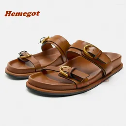 Slippers Belt Buckle Thick Soled Brown One Strap Cut Out Summer Women's Sandals FlatCasual Vacation Beach Shoes Outside Sexy