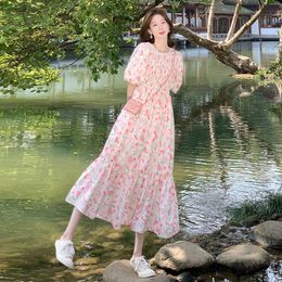Japanese Style Maternity Holiday Puff Sleeve Summer Pregnant Woman Floral Fashion Printed Long Loose Pregnancy Dress L2405