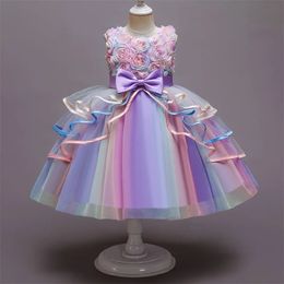 Girls Rainbow Tulle Dresses Kids Wedding Tutu Layers Cake Princess Elegant Party Prom Dress Children Communion Evening Clothes 240521