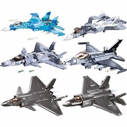 Aircraft Modle Sluban Modern military helicopter Sukhoi Su-57 Su-27 Aircraft F/A-18 F-14 Fighter WWII Aircraft Building Blocks Model Kids Toys s2452089