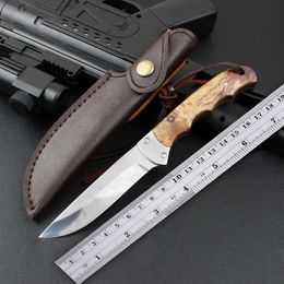 1Pcs New Top Quality Survival Straight Hunting Knife 7Cr17Mov Satin Straight Point Blade Full Tang Shadow Wood Handle Fixed Blade Knives with Leather Sheath