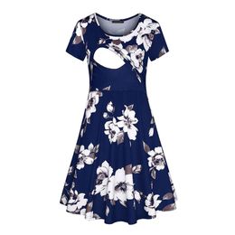 New Maternity Dresses Pregnant Women Nursing Breastfeeding Floral Print Short Sleeve Maxi Dress Lactation Clothes L2405