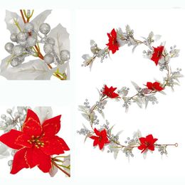 Decorative Flowers Christmas Artificial Holly Leaves Vine Garland Red Berries Ivy Xmas Tree Rattan Wreath Hanging Ornaments Home Decoration