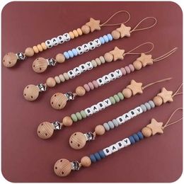 Pacifier Holders Clips# DIY baby Personalised name pacifier clip star wood silicone soft cushion dummy bracket pacifier clip anti drip chain tooth toy d240521