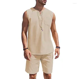 Men's Tracksuits Vintage Drawstring V-neck Shirt Tops & Pants Suits Casual Summer Men Solid Colour Tracksuit Streetwear Cotton Linen Two