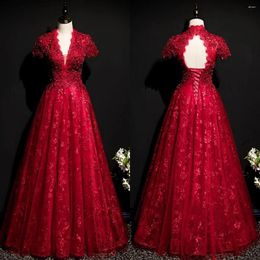 Party Dresses Evening Dress Burgundy Lace Appliques Bling V-neck Short Sleeves A-line Up Floor Length Plus Size Women Formal Gown