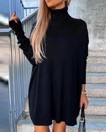 Casual Dresses Fashion Women High Neck Long Sleeve Knit Sweater Dress Mini Bodycon Solid Black Pullover Sexy Robes Femme