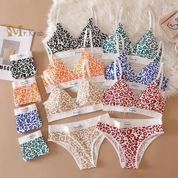 Bras Sets 2 Piece Bikini For Women Seamless V Neck Tops Sexy Panty Leopard Lingerie Female Cotton Underwear