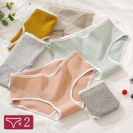 Women's Panties 2Pcs/Set Women Cotton Waffle Grid Fashion Solid Low Waist Briefs Female Korean Style Underwear Soft Breathable Lingerie