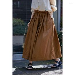 Skirts Women's Wear 2024 Summer Linen Elastic Waist Drawstring Casual Half Skirt Large Swing Pleated Q3260