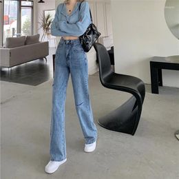 Women's Jeans Korean Style Straight Ripped Wide Leg Pants Women Y2k Vintage Blue Baggy Denim Trousers Fashion High Waisted Femme