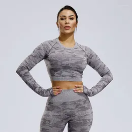 Yoga Outfits Camo Seamless Top Long Sleeve Thumb Holes Workout Camouflage Tops For Women Fitness Gym Crop Mujer Athletic T Shirt