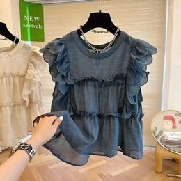 Women's Blouses Women Petal Edge Chic Purple Blouse Loose Off Shoulder O-neck Solid Color Puff Sleeve Tops Shirt Flying Ruffled Girl's V1432