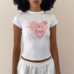 Women's Tanks Xingqing Graphic Tees Y2k Crop Top Summer Women Print Round Neck Short Sleeve T Shirts With Bow 2000s Aesthetic Clothing