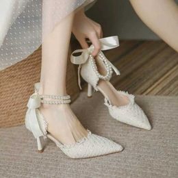Dress Shoes New White Women Thin Heel Hollow Sandals Woman Pearl Butterfly Pointed Toe High Heels Womens Shoe High Heel Pumps Wedding Shoes H240521