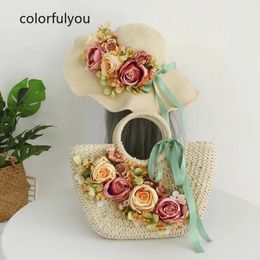 Shoulder Bags Straw For Women 2024 Summer Hand-Woven Rattan HandBag Handmade Woven Purse Flowers Beach Bohemia Bag With Hat