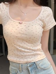 Women's T Shirts 6colors 2024 Summer Korean Style Short Sleeve Slim Rose T-shirts Womens Tee Shirt Femme Women Tops Cropped (X3285)