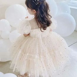 Party Summer Baby Girls Bubble Sleeve Mesh Sequin Dress Toddler Kids Princess Wedding Birthday Gown for 1-5Yrs