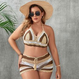 European and American Best-selling Plus Size Handmade Crochet Hollow Strap Split Swimsuit Set, Hot Spring Vacation Good Item