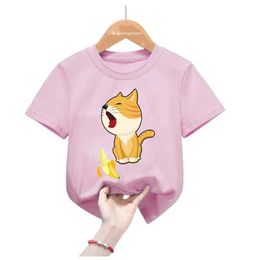 T-shirts Funny Banana Cat Print Pink T Shirt Girls Funny Kids Clothes Summer Fashion Short Sleeve T-Shirt Harajuku Kawaii T-Shirt Y240521