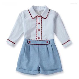 Clothing Sets 2024 Spring Autumn In Baby Boys Clothes Set Kids British Style Striped Print Blouse Blue Shorts Infants Top And Bottom