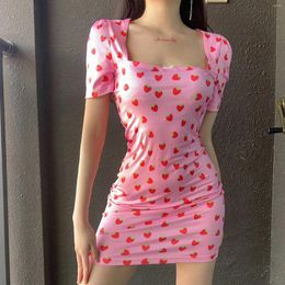 Casual Dresses Women'S Short-Sleeved Strawberry Print Square Neck Dress Womens Fashion Sexy Mini Temperament Vestido Feminino