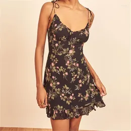 Casual Dresses French Floral Print With Wooden Ear Edging Sexy V-neck Suspender Dress For Female Blogger Waistband