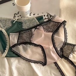 Women's Panties Vintage Satin Breathable Underwear Women French Sexy Lace Bow Lingerie Female Mid-waist Thin Mesh Briefs