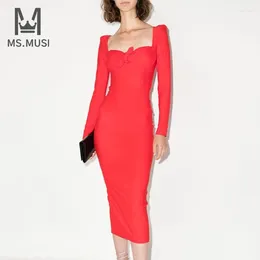 Casual Dresses MSMUSI 2024 Fashion Women Sexy Red Bow Square Neck Hollow Out Long Sleeve Bodycon Party Club Bandage Midi Dress Vestidos
