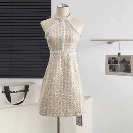 Small Fragrant Womens Sleeveless Tweed Sexy Party Dress Summer Halter Pearl Beading High Quality Mini Dresses 240515