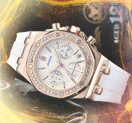 Business trend highend rubber silicone belt watches Women Quartz Chronograph Clock Day Date Time Calendar Diamonds Ring Wristwatch Bracelet Gifts