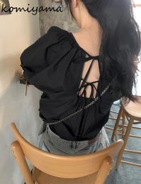 Women's Blouses Back Bandage Shirts & Lace -up Bow Ropa Mujer Short Sleeve Blusas Korean Ins Camisas Summer Loose Round Neck Tops