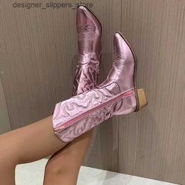 Boots 2023 Womens Shoes High Quality Gold Womens Shoes Mid Half Life Side Zipper Western Cowboy Boots Silver Retro Boots Zapatos Womens Q240521