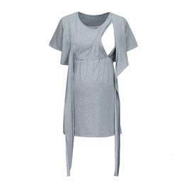 Pregnant Women Maternity Shirt Pregnancy Blouse Solid Colour Tie Breastfeeding Sleepwear Tops L2405