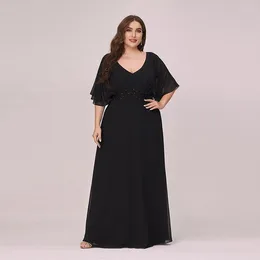 Party Dresses Evening Dress V-Neck Ruffles Short Sleeves Empire Appliques Black A-Line Fashion Floor-Length Plus Size Women Formal Gowns