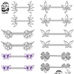 Nipple Rings 2 Pieces Of 316L Steel Maple Leaf Nickel Ring Barbell Butterfly Wing Shield Perforated Suitable For Women Body Jewellery Dhnu7