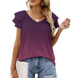 Women's T Shirts Women T-Shirts Tops Ruffle Short Sleeve V Neck Solid Color T-Shirt Summer Casual Loose Fit Tee Harajuku Blouse